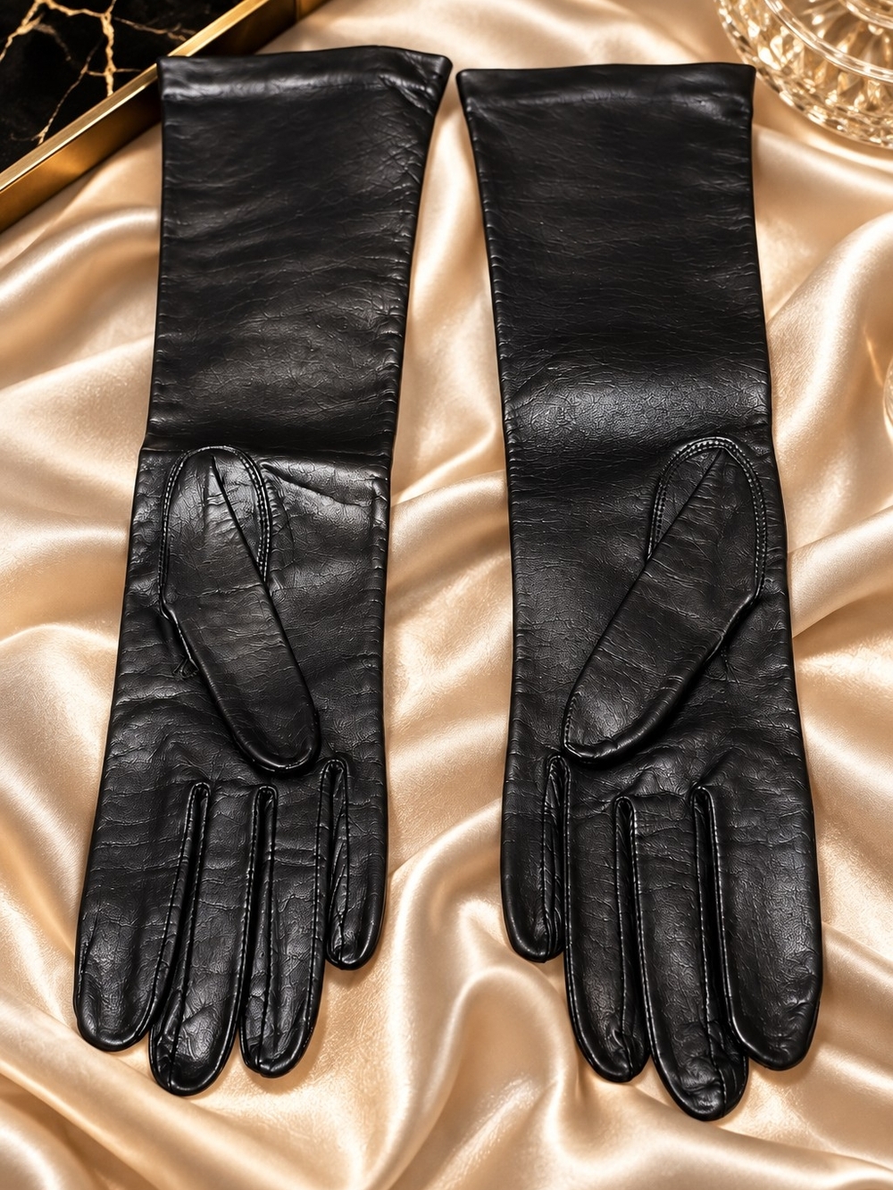 Vintage 80s Black Leather Long Gauntlet Gloves Pure Silk Lined Hand Cut Size 7
